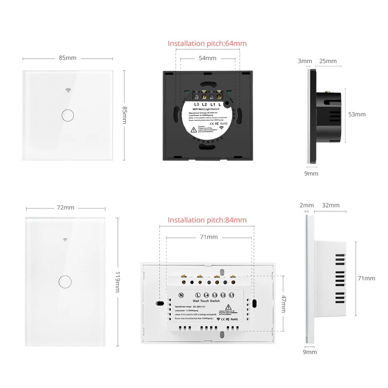 Tuya Smart Life Light Switch WiFi puutetundliku anduri Smart Switch rakenduse kaugjuhtimispult puudub neutraalne juhe 110 V 220 V Alexa Google Home jaoks