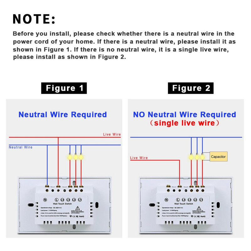 Tuya Smart Life Light Switch WiFi puutetundliku anduri Smart Switch rakenduse kaugjuhtimispult puudub neutraalne juhe 110 V 220 V Alexa Google Home jaoks