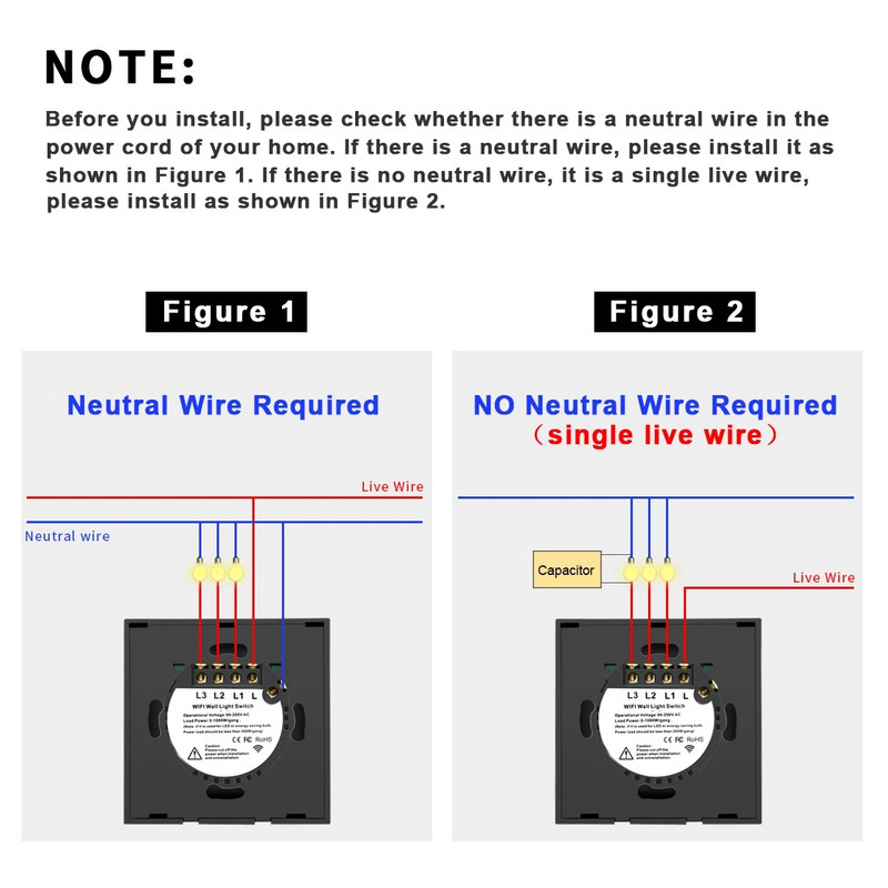 Tuya Smart Life Light Switch WiFi puutetundliku anduri Smart Switch rakenduse kaugjuhtimispult puudub neutraalne juhe 110 V 220 V Alexa Google Home jaoks