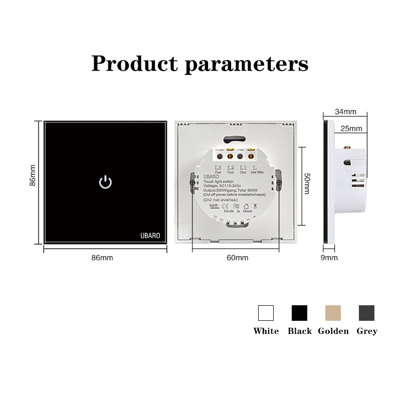 UBARO Eu AC100-240V karastatud mustvalge kristallklaas puutetundlik lülituspaneel seinavalguse anduri nupp 1/2/3 Gang 10A katkestus