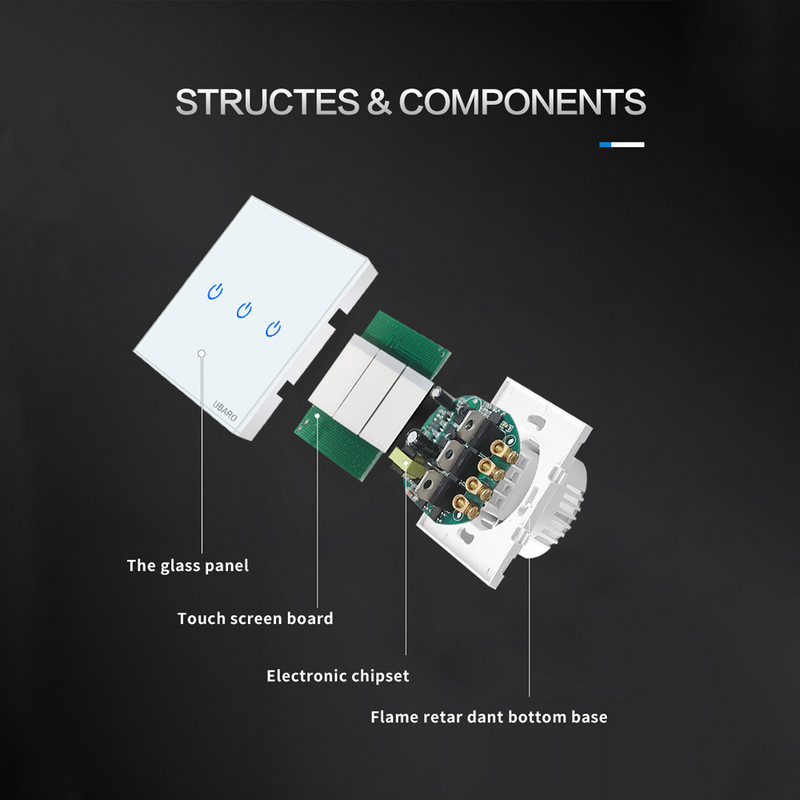 UBARO Eu AC100-240V karastatud mustvalge kristallklaas puutetundlik lülituspaneel seinavalguse anduri nupp 1/2/3 Gang 10A katkestus