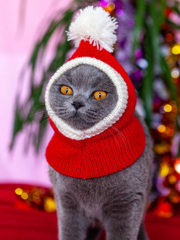 Πρωτοχρονιάτικο φόρεμα Pet Dog Ζεστό Καπέλο Κόκκινο Χριστουγεννιάτικο Καπέλο Κεφαλή γάτας Πλεκτό καπέλο στο χέρι