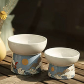 Kaķu keramikas bļoda Japāņu japāņu viļņu lolojumdzīvnieku barība ūdens bļodas paaugstinātas kucēnu dzeršanas ēšanas barotavas Audzēti kaķi Barošanas piederumi