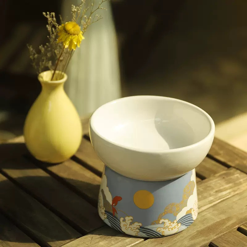 Kaķu keramikas bļoda Japāņu japāņu viļņu lolojumdzīvnieku barība ūdens bļodas paaugstinātas kucēnu dzeršanas ēšanas barotavas Audzēti kaķi Barošanas piederumi