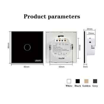 UBARO EU/UK Standard κρύσταλλο σκληρυμένο γυαλί τοίχου πάνελ φωτός αφής LED ενδεικτική λυχνία ηλεκτρικό κουμπί 1/2/3 Gang 220V