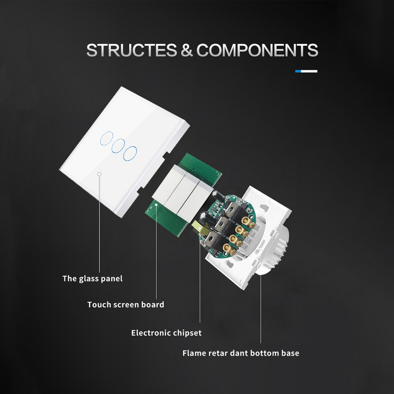 UBARO EU/UK Standardni zidni panel od kaljenog stakla Svjetlo na dodir Led Indikator Senzor Električna tipka 1/2/3 grupe 220V