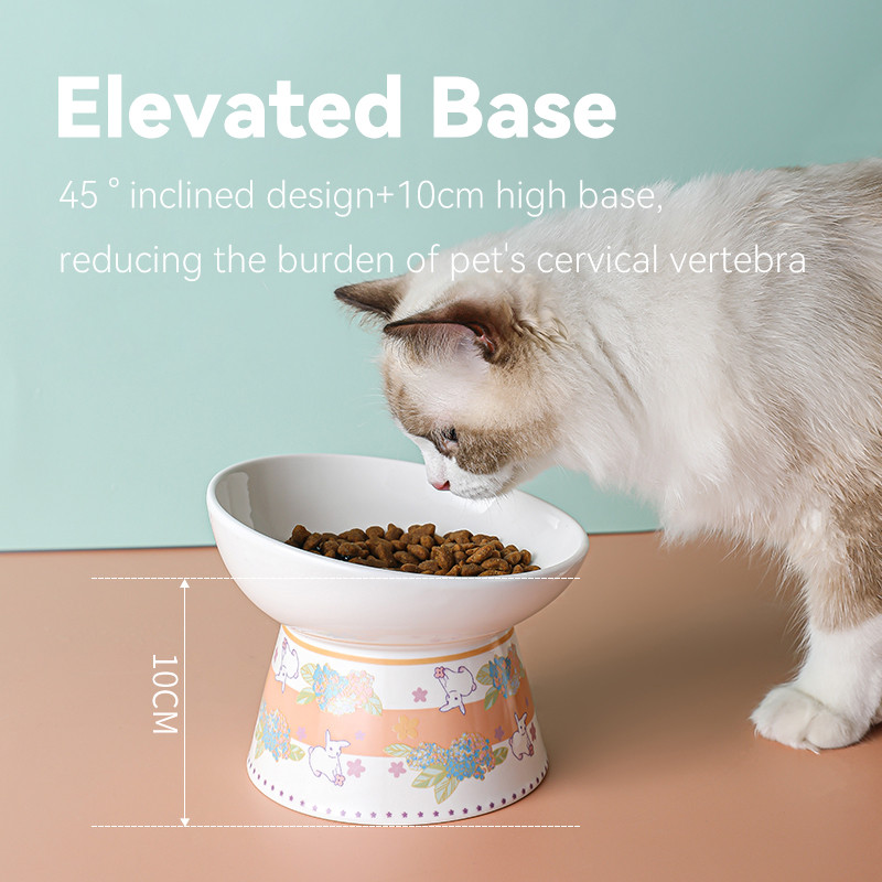 Kaķu keramikas pārtikas ūdens bļoda multfilma Ar rokām apgleznoti mājdzīvnieku dzeršanas ēšanas piederumi Jauki pacelti kaķiem Neslīdoši barošanas piederumi