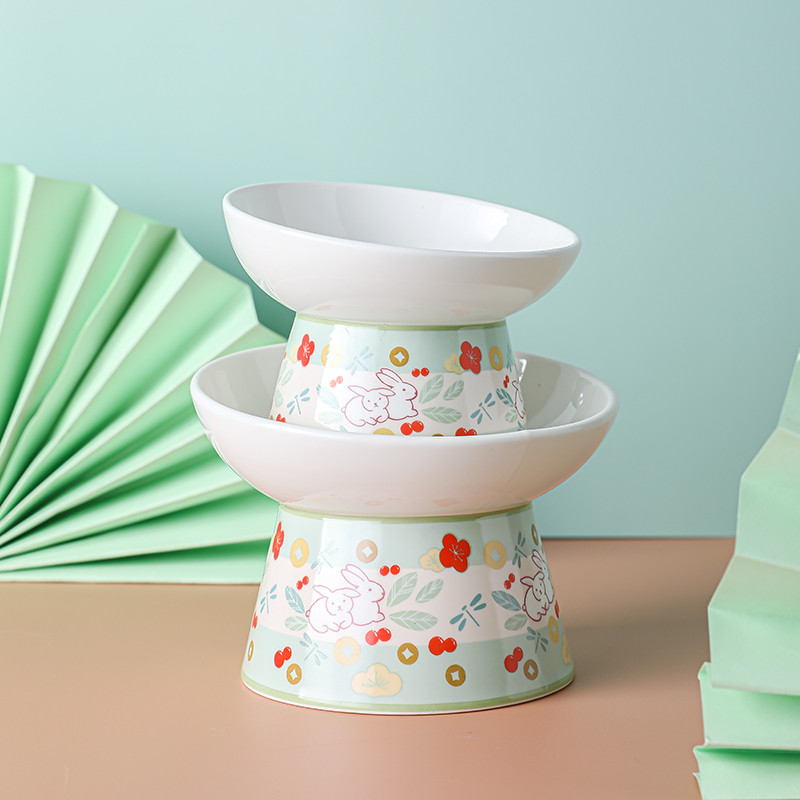 Kaķu keramikas pārtikas ūdens bļoda multfilma Ar rokām apgleznoti mājdzīvnieku dzeršanas ēšanas piederumi Jauki pacelti kaķiem Neslīdoši barošanas piederumi