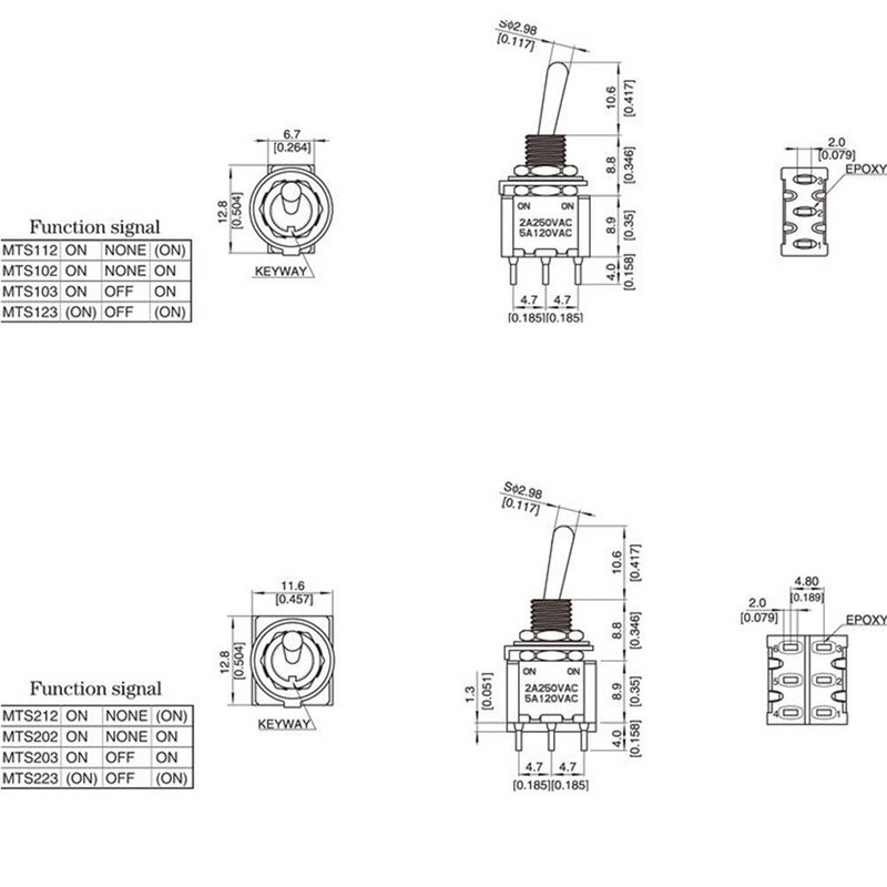 10PC/5PC Miniatuurne lüliti, ühepooluseline kahe viskega SPDT DPDT SISSE-VÄLJA-SEES SISSE-SEES 120VAC 6A 1/4-tolline paigaldus MTS-102 103 202