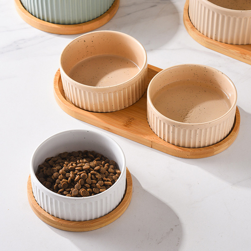 850 ml Keramikas bļoda suņiem Divkārša trīskārša kaķu barības ūdens bļoda ar koka paletēm Ziemeļvalstu mājdzīvnieku dzeršana ēdināšana barošanas padevēji