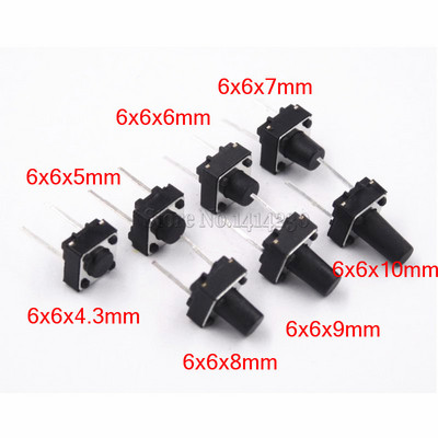 20Pcs Απτικός διακόπτης Momentary Tact 6x6x4.3/5/6/7/8/9/10mm 6*6*4.3mm 5mm 6mm 7mm 8mm 9mm 10mm Μεσαία ακίδα 2 pin