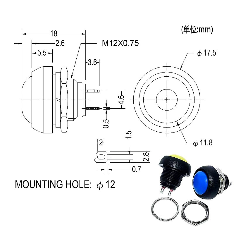 1tk 2kontaktiga minilüliti 12mm 1A veekindel lüliti pbs33b 12v hetkeline surunupp Lüliti lähtestamine Mittelukustuv pbs-33b