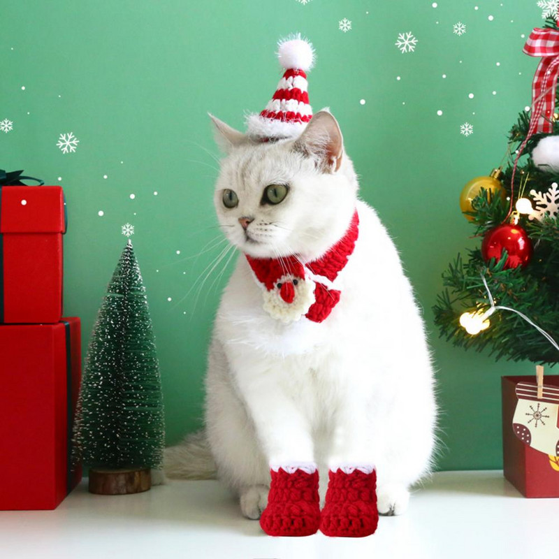 1 Komplekts ādai draudzīga mājdzīvnieku cepure Spilgta krāsa Izbalēšanas izturīga Mazgājama Viegli valkājama Uzglabā siltumu Dzija Ziemassvētku tematiska mājdzīvnieku cepure ar Sh