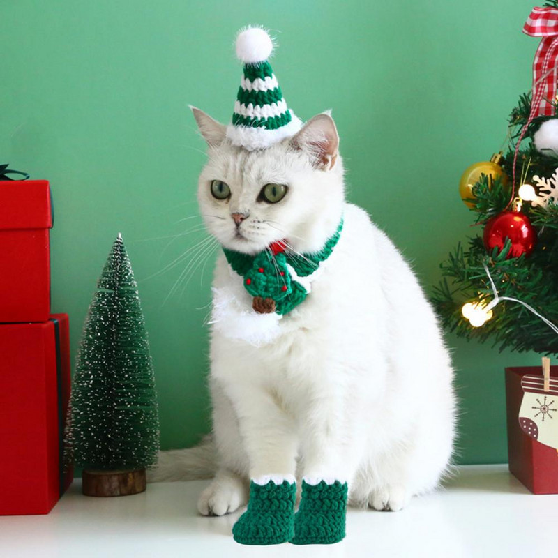 1 Komplekts ādai draudzīga mājdzīvnieku cepure Spilgta krāsa Izbalēšanas izturīga Mazgājama Viegli valkājama Uzglabā siltumu Dzija Ziemassvētku tematiska mājdzīvnieku cepure ar Sh