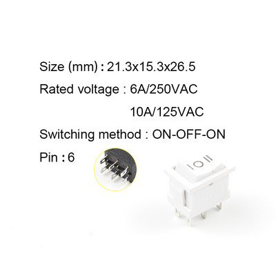 5 KOM/lot KCD2 6PIN 21X15mm DPDT Crno Bijeli Prekidač s tipkama ON-OFF-ON ON-ON Napajanje broda Prekidač za preklop 6A/250V 10A/125V