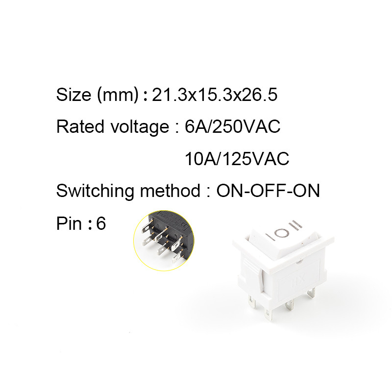 5 KOM/lot KCD2 6PIN 21X15mm DPDT Crno Bijeli Prekidač s tipkama ON-OFF-ON ON-ON Napajanje broda Prekidač za preklop 6A/250V 10A/125V