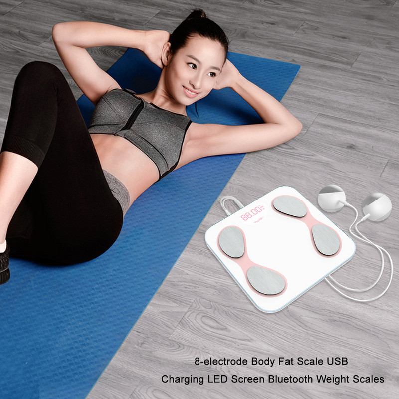 Astoņu elektrodu ķermeņa tauku svari, viedie USB uzlādes LED ekrāna displejs digitālie Bluetooth svari