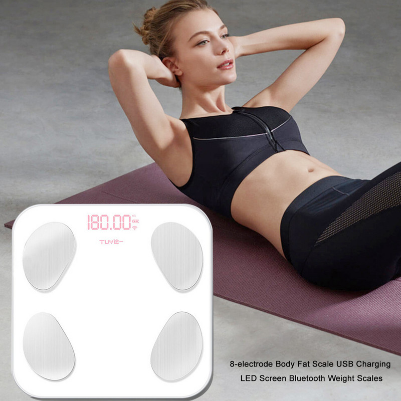 Astoņu elektrodu ķermeņa tauku svari, viedie USB uzlādes LED ekrāna displejs digitālie Bluetooth svari
