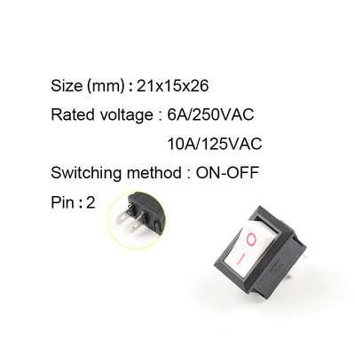 5 KOM/lot KCD1 21X15mm preklopni prekidač ON-OFF 2 položaja prekidača napajanja 2pin 6A/250VAC 10A/125VAC Crveno Plavo Zeleno Žuto Crno Bijelo