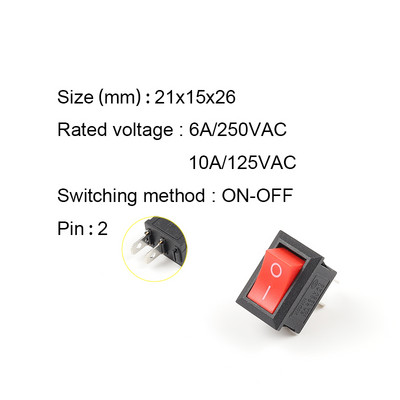5 KOM/lot KCD1 21X15mm preklopni prekidač ON-OFF 2 položaja prekidača napajanja 2pin 6A/250VAC 10A/125VAC Crveno Plavo Zeleno Žuto Crno Bijelo