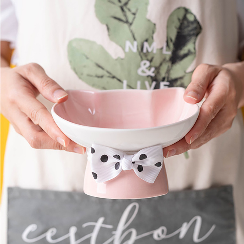 Keramička posuda za vodu za mačke s postoljem Mali psi koji piju Posuda za jelo Kućni ljubimac Slatke zdjelice za hranjenje s mašnom ukrasom