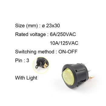 5 ΤΕΜ KCD1 23mm Round Rocker Switch 2/3Pin ON-OFF-ON 2/3 Position 6A/250VAC 10A/125VAC SPST LED Push Button Switch with Light