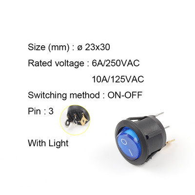 5 TK KCD1 23 mm ümmargune klahvlüliti 2/3 kontaktiga SISSE-VÄLJA-SISSE 2/3 asendiga 6A/250VAC 10A/125VAC SPST LED-auto nupplüliti koos valgusega