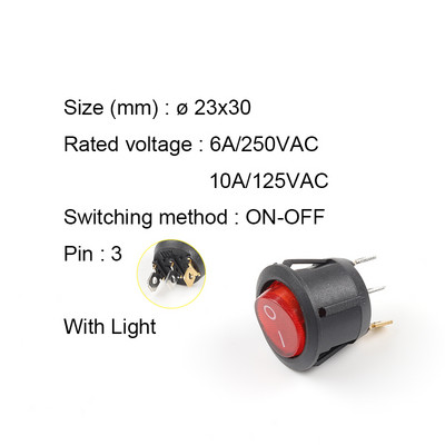 5 TK KCD1 23 mm ümmargune klahvlüliti 2/3 kontaktiga SISSE-VÄLJA-SISSE 2/3 asendiga 6A/250VAC 10A/125VAC SPST LED-auto nupplüliti koos valgusega