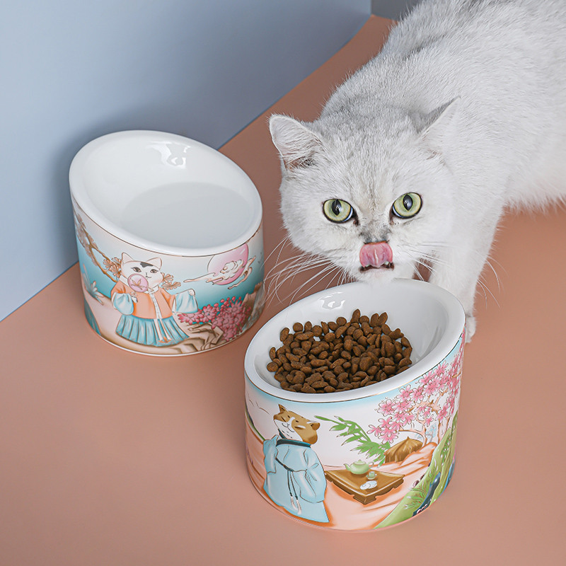 Kaķu keramikas bļoda ķīniešu stila mājdzīvnieks, paaugstināts dzeramais ēšanas barotavas Mazie suņi Augstas bāzes barība Ūdens piederumi