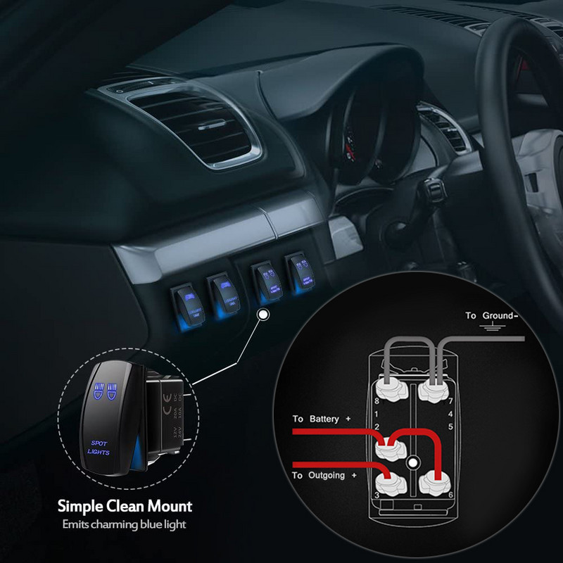 Autopaadi klahvlüliti 12V 24V surunupp veekindel meresõiduki lüliti 20A valgustusega riba SISSE VÄLJAS 5 kontaktiga ATV RV auto veokile