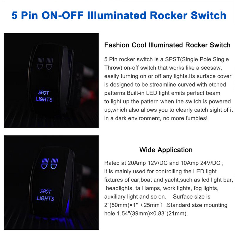 Autopaadi klahvlüliti 12V 24V surunupp veekindel meresõiduki lüliti 20A valgustusega riba SISSE VÄLJAS 5 kontaktiga ATV RV auto veokile