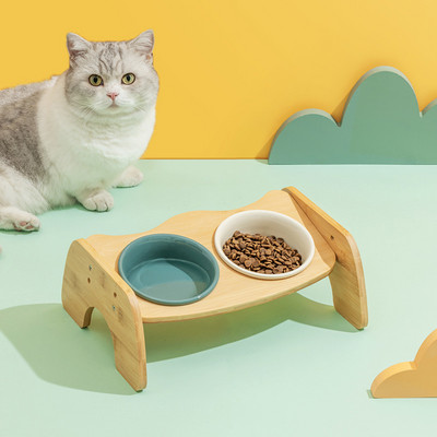 Cat Double Food Bowls Water Ανυψωμένο μπολ τροφοδοσίας για κατοικίδια με ξύλινη βάση Μικρή ρυθμιζόμενη λεκάνη τροφοδοσίας για σκύλους