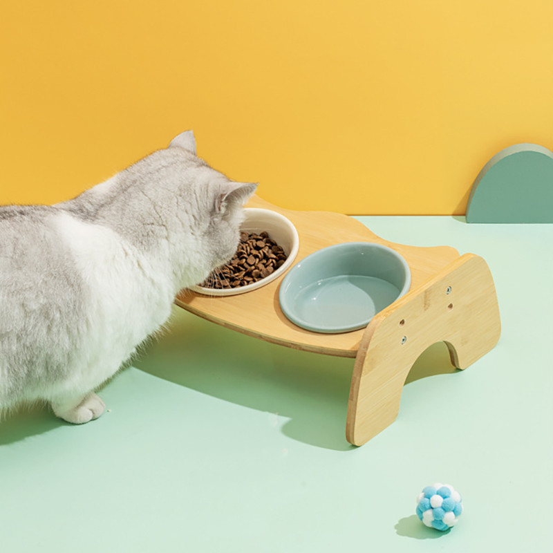 Kassi topelttoiduga veekausid kõrgendatud lemmiklooma joomine söötmiskauss puidust alusega Väikese koera reguleeritava söötja nõudekauss