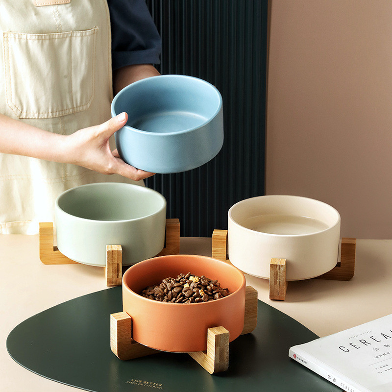 950 ml kassi keraamiline toidukauss kõrgendatud koera veega toitmise tarvikud Lemmikloomajoogi sööginõu puidust alusega