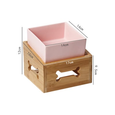 Suņu barības ūdens bļodas ar koka statīvu, keramikas statīvs kucēns, dzeršana, ēšana, pacelta trauka trauks, kaķis ar augstu pēdu barošanas padeves