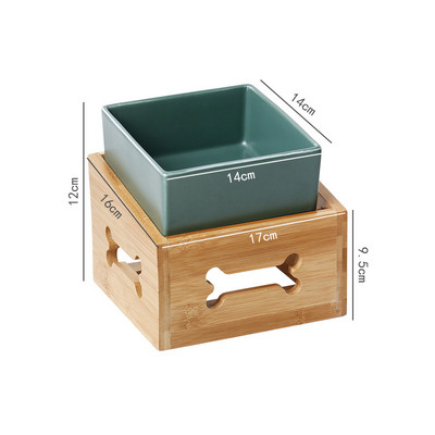 Suņu barības ūdens bļodas ar koka statīvu, keramikas statīvs kucēns, dzeršana, ēšana, pacelta trauka trauks, kaķis ar augstu pēdu barošanas padeves