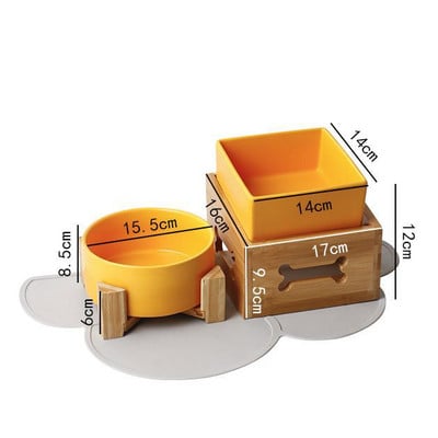 Suņu barības ūdens bļodas ar koka statīvu, keramikas statīvs kucēns, dzeršana, ēšana, pacelta trauka trauks, kaķis ar augstu pēdu barošanas padeves