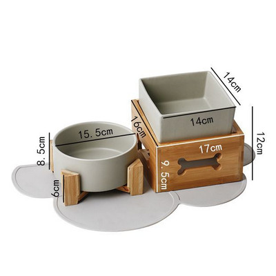 Suņu barības ūdens bļodas ar koka statīvu, keramikas statīvs kucēns, dzeršana, ēšana, pacelta trauka trauks, kaķis ar augstu pēdu barošanas padeves