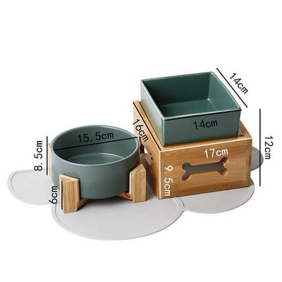 Suņu barības ūdens bļodas ar koka statīvu, keramikas statīvs kucēns, dzeršana, ēšana, pacelta trauka trauks, kaķis ar augstu pēdu barošanas padeves