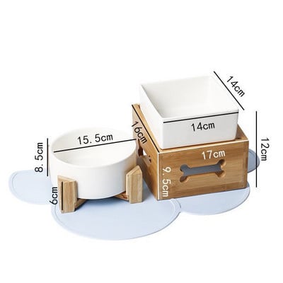Suņu barības ūdens bļodas ar koka statīvu, keramikas statīvs kucēns, dzeršana, ēšana, pacelta trauka trauks, kaķis ar augstu pēdu barošanas padeves