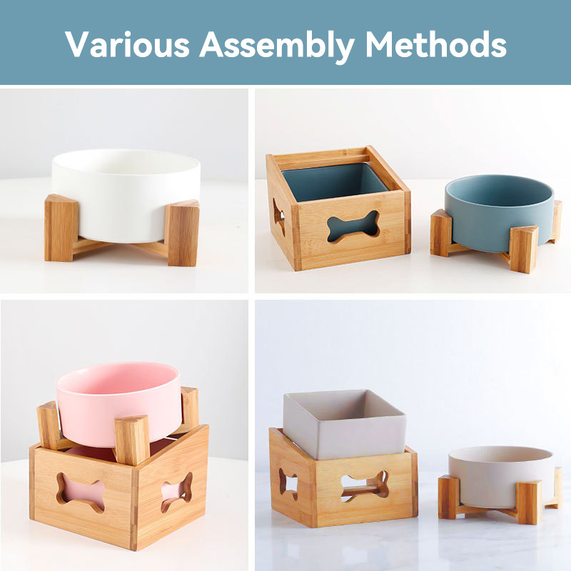Suņu barības ūdens bļodas ar koka statīvu, keramikas statīvs kucēns, dzeršana, ēšana, pacelta trauka trauks, kaķis ar augstu pēdu barošanas padeves