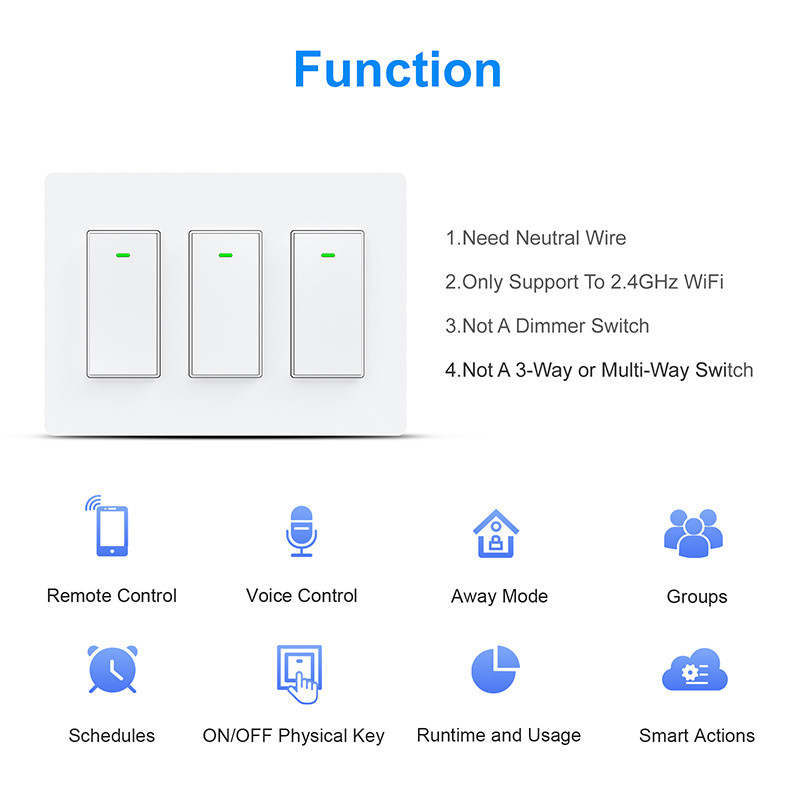 1/2/3 Gang USA WiFi-lüliti Tuya nutikas seinavalgusti nupu lüliti, vajalik neutraalne juhe 15A LED-lampide lülitid hääljuhtimine