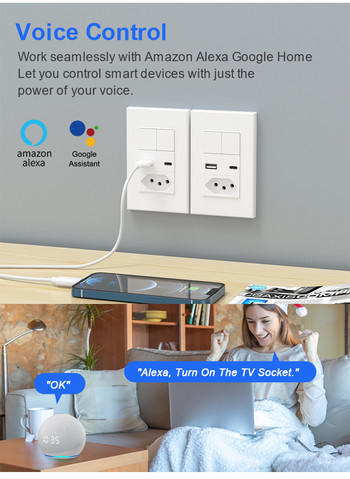 Brazil Smart Switch & Socket Tuya Wifi / Zigbee 2 Gang Button Smart Light Switch Outlet Voice Control работи за Alexa Google Home