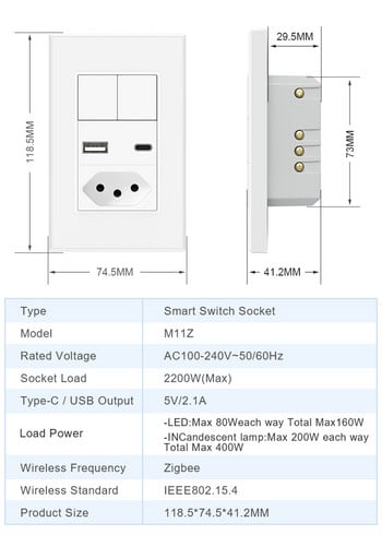 Brazil Smart Switch & Socket Tuya Wifi / Zigbee 2 Gang Button Έξυπνος διακόπτης φωτός Έξοδος Φωνητικός έλεγχος για Alexa Google Home