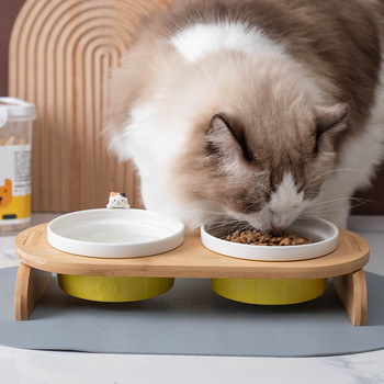 Γάτα διπλά μπολ Κεραμικές τροφές για κατοικίδια ζώα με ξύλινη βάση.