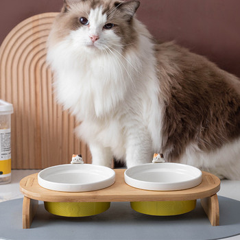 Γάτα διπλά μπολ Κεραμικές τροφές για κατοικίδια ζώα με ξύλινη βάση.