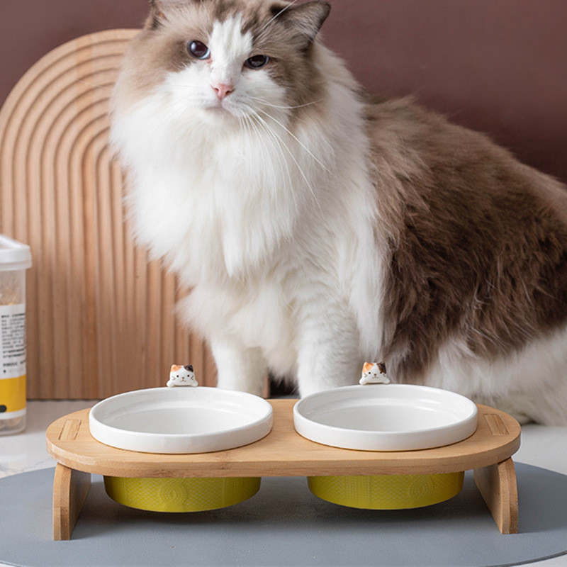 Dvostruke zdjelice za mačke, keramičke hranilice za vodu za hranu za kućne ljubimce s drvenim stalkom, mačke, štene, piće, pribor za jelo, umivaonik za hranjenje mačaka
