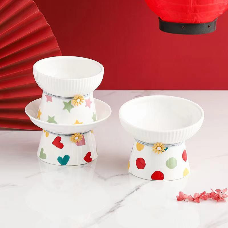 3 TK kassi keraamilise kaussi komplekt kõrgendatud väikeste koerte toit Veesöötjad Spot Print Lemmikloomade joomine söömise tarvikud