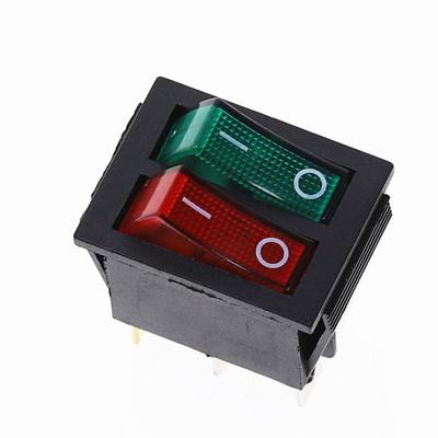 KCD2 topeltpaadi klahvlüliti 6 kontaktiga sisse-välja rohelise punase tulega 20A 125VAC/ 16A 250V