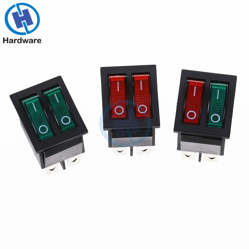 KCD2 topeltpaadi klahvlüliti 6 kontaktiga sisse-välja rohelise punase tulega 20A 125VAC/ 16A 250V